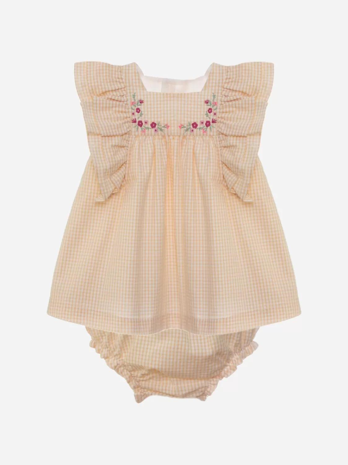 Baby Patachou Beige Seersucker Geruite Jurk Met Bloeiers