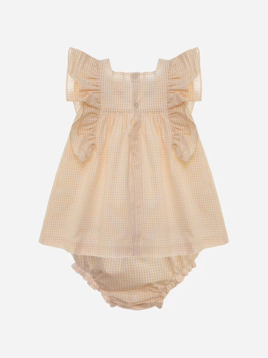 Baby Patachou Beige Seersucker Geruite Jurk Met Bloeiers