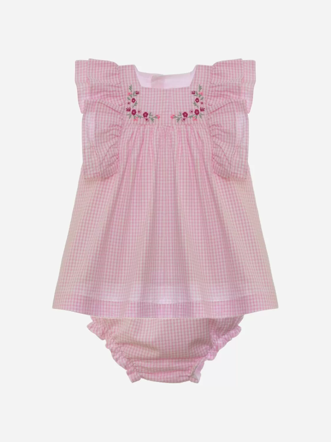 Baby Patachou Roze Seersucker Geruite Jurk Met Bloeiers