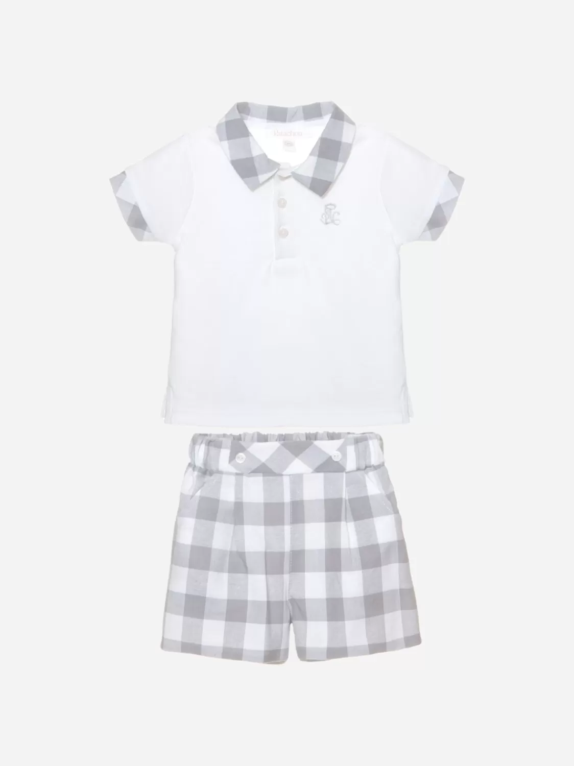 Baby Patachou Set Van Polo En Shorts In Witte Jersey En Grijs Geruit Linnen