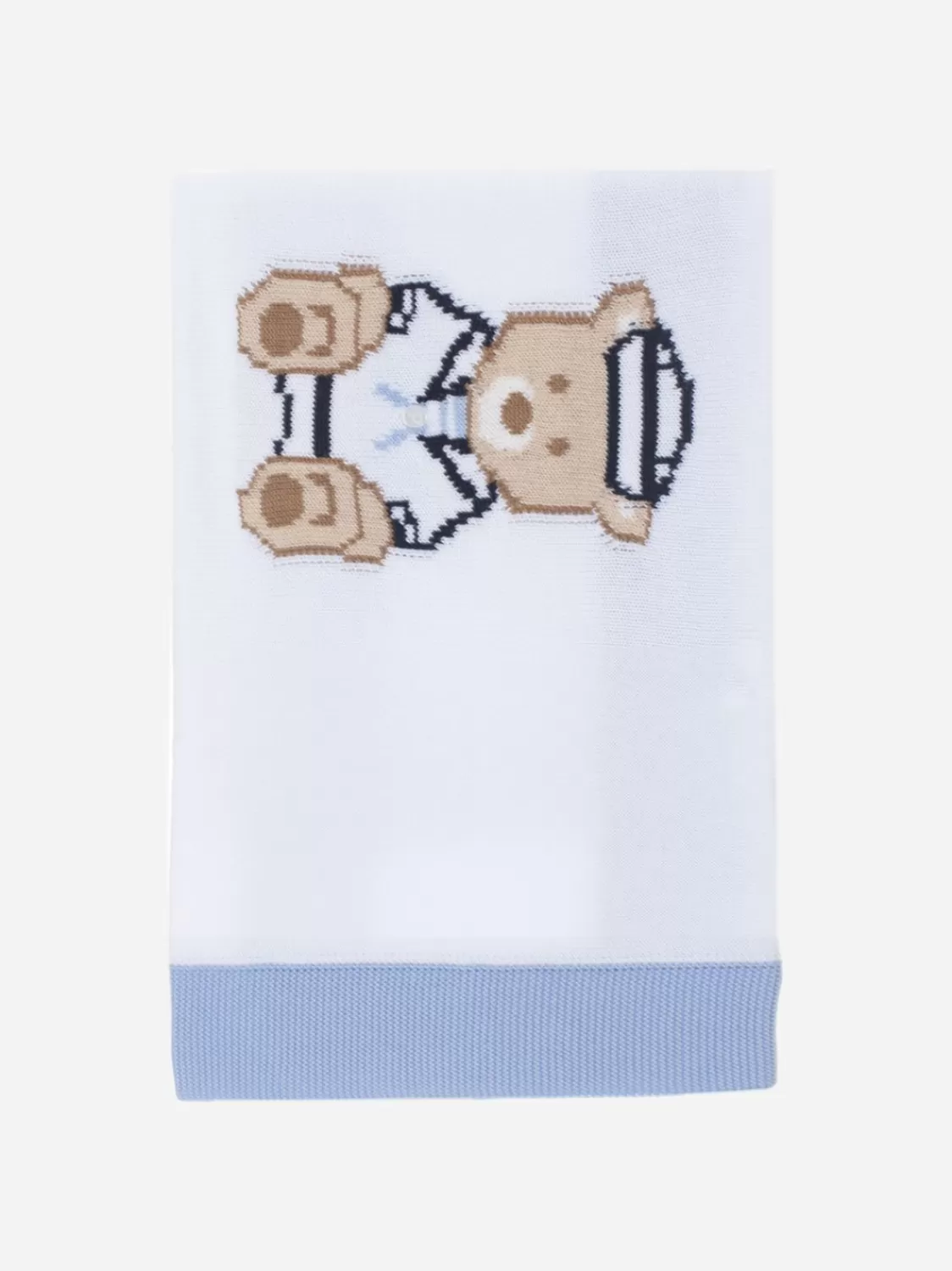 Baby Patachou Wit En Blauw Gebreide Deken Met Teddybeer