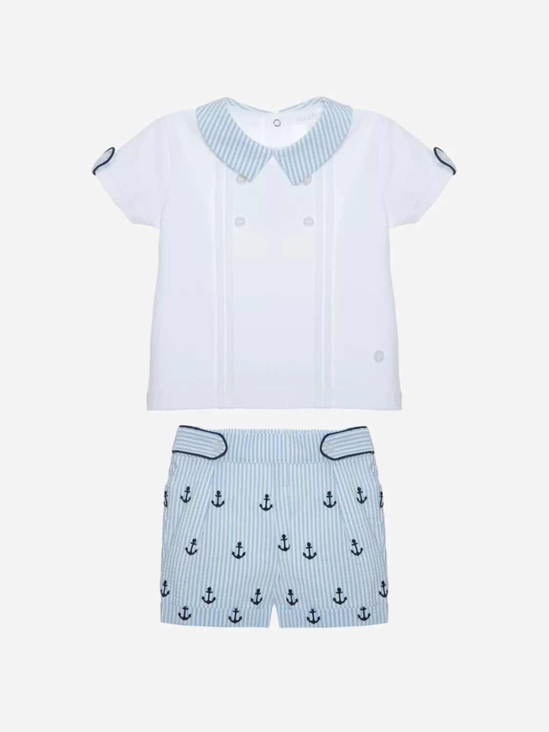 Baby Patachou Witte Polo En Geborduurde Strepen Shorts